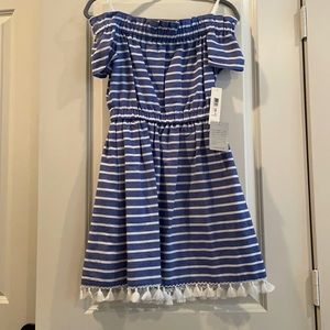 Eliza J strapless blue and white striped dress NWT